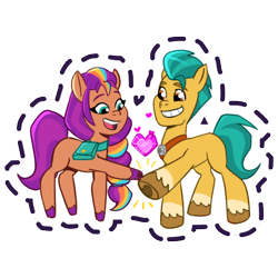 Size: 512x512 | Tagged: safe, imported from derpibooru, hitch trailblazer, sunny starscout, earth pony, pony, bag, coat markings, cute, duo, duo male and female, female, g5, gameloft, grin, heart, hoof heart, male, mare, missing cutie mark, my little pony: mane merge, official, open mouth, open smile, saddle bag, shipping fuel, simple background, slim, smiling, socks (coat markings), stallion, sticker, transparent background, underhoof, unshorn fetlocks