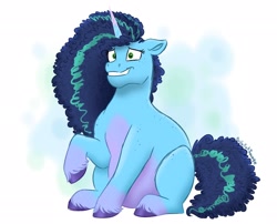 Size: 2048x1656 | Tagged: safe, artist:bella-pink-savage, imported from derpibooru, pony, unicorn, chonk, curly mane, curly tail, fat, female, floppy ears, freckles, g5, grin, mare, misty brightdawn, misty butterball, nervous, nervous grin, raised hoof, sitting, smiling, solo, tail, unshorn fetlocks
