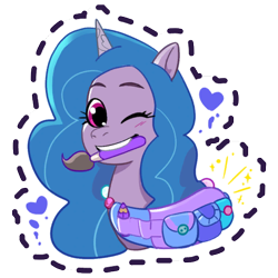 Size: 512x512 | Tagged: safe, imported from derpibooru, izzy moonbow, pony, unicorn, blushing, female, g5, gameloft, heart, mare, mouth hold, my little pony: mane merge, official, one eye closed, paint splatter, paintbrush, pencil, simple background, solo, sparkles, sticker, transparent background, wink