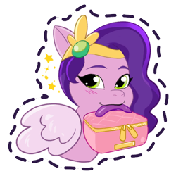 Size: 512x512 | Tagged: safe, imported from derpibooru, pipp petals, pegasus, pony, adorapipp, bag, blushing, cute, g5, gameloft, headband, jewelry, mouth hold, my little pony: mane merge, official, regalia, simple background, solo, sparkles, stars, sticker, suitcase, transparent background