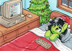 Size: 2068x1471 | Tagged: safe, artist:dandy, imported from derpibooru, oc, oc only, oc:filly anon, earth pony, pony, /mlp/, 4chan, bed, blanket, christmas, christmas ornament, christmas tree, computer, copic, decoration, earth pony oc, eye clipping through hair, female, filly, foal, hat, holiday, in bed, iwtcird, keyboard, lying down, lying on bed, meme, monitor, on back, on bed, ornaments, pillow, santa hat, sleep tight, smiling, snow, solo, traditional art, tree, wholesome, window