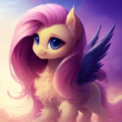 Size: 3072x3072 | Tagged: safe, imported from derpibooru, fluttershy, pegasus, pony, abstract background, ai content, ai generated, chest fluff, colored wings, cute, dark blue eyes, dark blue wings, ear fluff, excessive chest fluff, eyebrows, eyelashes, female, fluffy, generator:purplesmart.ai, generator:stable diffusion, high res, looking at you, mare, prompter:nightluna, shyabetes, smiling, smiling at you, solo, spread wings, standing, watermark, wings