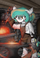 Size: 2170x3157 | Tagged: safe, artist:rokosmith26, imported from derpibooru, oc, oc only, oc:rokosmith, hybrid, pegasus, zebra, anvil, black eye, blacksmith, blue mane, brown eye, clothes, complex background, detailed background, female, fire, floppy ears, focus, focused, forge, furnace, gloves, glowing, hairband, hammer, heterochromia, high res, iron, leather, mare, markings, pegasus oc, ponytail, rope, shading, solo, sparks, standing, standing on two hooves, steel, sweat, sweatdrop, tools, tribal, tribal markings, two toned mane, weapon, wings, zebra oc