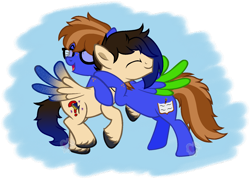 Size: 1631x1169 | Tagged: safe, artist:blues-edits, imported from derpibooru, oc, oc only, oc:bluebook, oc:skye shadow, pegasus, base used, brown mane, colored wings, female, freckles, gift art, glasses, hug, male, mare, pegasus oc, simple background, stallion, transparent background, unshorn fetlocks, wings