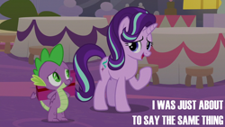 Size: 2000x1125 | Tagged: safe, edit, edited screencap, editor:quoterific, imported from derpibooru, screencap, spike, starlight glimmer, dragon, pony, unicorn, season 9, the last problem, spoiler:s09, duo, lidded eyes, open mouth, present, raised hoof, smiling, text, winged spike, wings