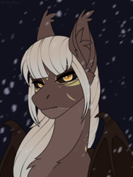 Size: 1620x2160 | Tagged: safe, artist:enderbee, imported from derpibooru, oc, oc only, bat pony, bust, chest fluff, colored, commission, ear fluff, fangs, female, flat colors, mare, portrait, simple background, sketch, snow