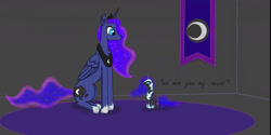 Size: 1651x828 | Tagged: safe, artist:nismorose, imported from derpibooru, nightmare moon, princess luna, alicorn, armor, blue eyes, canterlot castle, carpet, chest fluff, confused, crown, daughter, ear fluff, ethereal mane, ethereal tail, female, filly, flag, foal, g4, horn, indoors, jewelry, mare, mom, moon, nightmare woon, no mouth, questioning, regalia, shocked, slit pupils, starry mane, starry tail, tail, wavy mane, wavy tail, wings