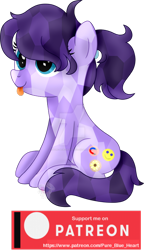 Size: 400x694 | Tagged: safe, artist:pure-blue-heart, imported from derpibooru, oc, oc:magnetic hug, crystal pony, earth pony, :p, deviantart watermark, female, mare, obtrusive watermark, patreon, patreon logo, patreon reward, ponytail, purple mane, simple background, sitting, tongue out, transparent background, watermark