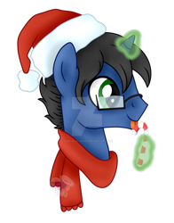 Size: 400x511 | Tagged: safe, artist:pure-blue-heart, imported from derpibooru, oc, unicorn, black mane, bust, candy, candy cane, christmas, clothes, commission, commissioner:bastlerrj, deviantart watermark, food, glasses, green eyes, green magic, hat, headshot commission, holiday, horn, levitation, magic, male, obtrusive watermark, portrait, santa hat, scarf, simple background, stallion, telekinesis, transparent background, unicorn oc, watermark