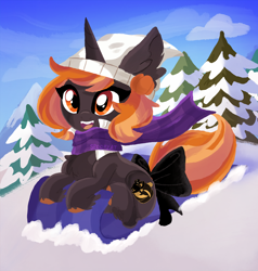 Size: 2378x2500 | Tagged: safe, artist:spookyle, imported from derpibooru, oc, oc only, oc:harvest moon, pony, unicorn, clothes, female, mare, mountain, scarf, sled, snow, solo, striped scarf, tree