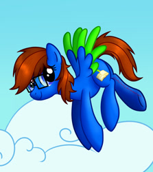 Size: 843x944 | Tagged: safe, artist:charbycharby, imported from derpibooru, oc, oc:bluebook, pegasus, blue eyes, cloud, colored wings, female, glasses, mare, pegasus oc, two toned mane, wings