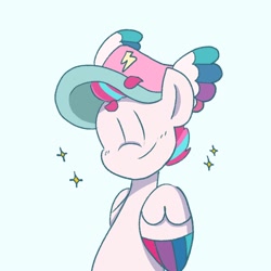 Size: 1000x1000 | Tagged: safe, artist:xhinoblade, imported from derpibooru, zipp storm, pegasus, pony, cap, female, g5, gameloft, hat, light blue background, mare, my little pony: mane merge, simple background, smiling, sparkles, wings