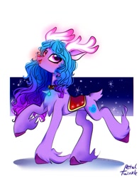 Size: 1074x1368 | Tagged: safe, alternate version, artist:petaltwinkle, imported from derpibooru, izzy moonbow, deer, reindeer, concave belly, female, g5, glowing nose, reindeerified, rudolph nose, saddle, slim, solo, species swap, tack, thin