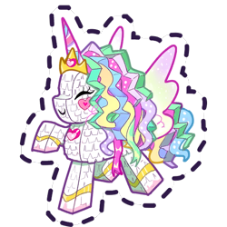 Size: 512x512 | Tagged: safe, imported from derpibooru, alicorn, pony, blush sticker, blushing, crown, eyes closed, g5, gameloft, heart, jewelry, my little pony: mane merge, not celestia, piñata, regalia, simple background, smiling, sparkly mane, sparkly wings, sticker, transparent background, wings