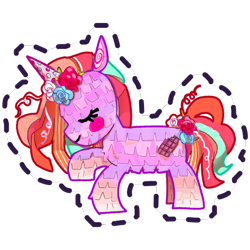 Size: 512x512 | Tagged: safe, imported from derpibooru, pony, unicorn, blush sticker, blushing, eyelashes, eyes closed, flower, g5, gameloft, my little pony: mane merge, official, piñata, rose, simple background, smiling, sticker, transparent background