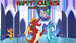 Size: 2063x1161 | Tagged: safe, artist:drakizora, artist:melisareb, artist:memnoch, artist:not-yet-a-brony, imported from derpibooru, garble, princess ember, smolder, spike, dragon, 2022, brother and sister, christmas, crystal empire, december, embarrassed, ember is not amused, female, friendship, happy holidays, hearth's warming, holiday, laughing, male, mistletoe, prank, shipper on deck, siblings, song reference, unamused, youtube link in the description