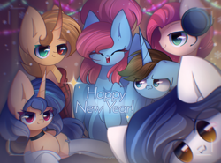 Size: 2300x1700 | Tagged: safe, artist:miryelis, imported from derpibooru, oc, oc only, oc:rainven wep, oc:sharfik, earth pony, pegasus, pony, unicorn, camera shot, clothes, gift art, happy new year, holiday, horn, looking at you, party, sitting, smiling, smiling at you, text, wings