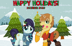 Size: 2064x1321 | Tagged: safe, anonymous artist, artist:cloudy glow, artist:jhayarr23, imported from derpibooru, coloratura, feather bangs, earth pony, 2022, christmas, clothes, colorabangs, december, duet, female, friendship, happy holidays, hearth's warming, holiday, kiss mark, lipstick, lyrics in the description, male, mare, mistleholly, scarf, shipping, singing, smiling, snow, snowfall, stallion, straight, tree, youtube link in the description