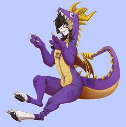 Size: 1280x1293 | Tagged: safe, artist:1an1, imported from derpibooru, oc, oc only, blue background, clothes, costume, grin, kigurumi, simple background, smiling, spyro the dragon (series), zipper