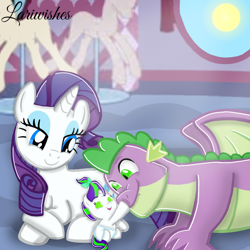 Size: 1300x1300 | Tagged: safe, artist:mlplary6, imported from derpibooru, rarity, spike, oc, oc:pearl, dracony, dragon, hybrid, pony, unicorn, baby, family, female, filly, foal, interspecies offspring, lying down, male, mare, offspring, older, older spike, papa spike, parent:rarity, parent:spike, parents:sparity, shipping, smiling, sparity, straight