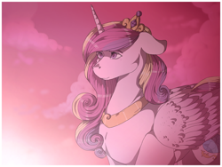 Size: 1280x960 | Tagged: safe, artist:binibean, imported from derpibooru, princess cadance, alicorn, pony, cloud, crown, female, floppy ears, jewelry, mare, peytral, regalia, solo