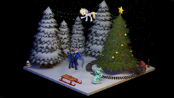 Size: 3840x2160 | Tagged: safe, artist:botxs, imported from derpibooru, derpy hooves, lyra heartstrings, princess luna, alicorn, pegasus, pony, unicorn, 3d, black background, christmas, christmas tree, diorama, engineer, holiday, present, railroad, simple background, sled, snow, snowfall, snowman, source filmmaker, string lights, train, tree