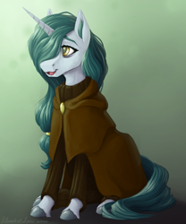 Size: 2500x3000 | Tagged: safe, artist:stardustspix, imported from derpibooru, oc, oc only, oc:bright eyes, pony, unicorn, clothes, hair over one eye, looking to the left, sitting, solo