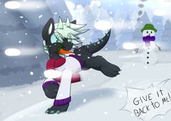 Size: 4092x2893 | Tagged: safe, artist:monycaalot, imported from derpibooru, oc, oc only, oc:jade oni, earth pony, pony, forest, running, snow, snowball, snowfall, snowman, solo, tree