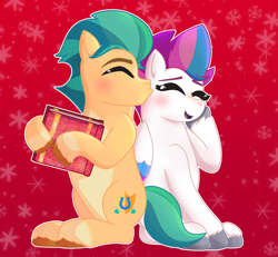 Size: 2342x2160 | Tagged: safe, artist:fantaje3, imported from derpibooru, hitch trailblazer, zipp storm, earth pony, pegasus, pony, affection, album, blushing, christmas, duo, duo male and female, eyes closed, female, g5, hitchzipp, holiday, kissing, male, mare, sequins, shipping, smiling, snow, snowflake, stallion, straight