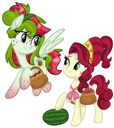 Size: 3662x4096 | Tagged: safe, artist:sjart117, imported from derpibooru, cherry jubilee, oc, oc:watermelana, earth pony, pegasus, pony, basket, cherry, female, flying, food, freckles, fruit, gradient hooves, mare, mole, movie accurate, simple background, transparent background, watermelon, wings