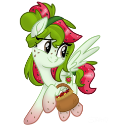 Size: 3662x4096 | Tagged: safe, artist:sjart117, imported from derpibooru, oc, oc only, oc:watermelana, pegasus, pony, basket, cherry, female, flying, food, freckles, fruit, gradient hooves, mare, movie accurate, pegasus oc, simple background, transparent background, wings