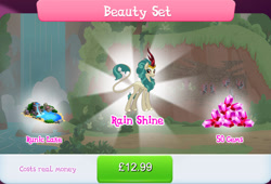 Size: 1267x860 | Tagged: safe, imported from derpibooru, rain shine, kirin, bundle, bush, cloven hooves, costs real money, english, female, gameloft, gem, horn, lake, mobile game, my little pony: magic princess, numbers, official, runes, sale, solo, solo focus, text, water, waterfall