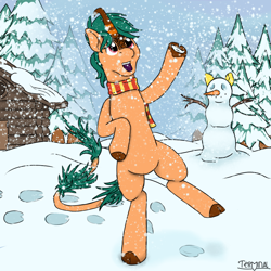 Size: 1000x1000 | Tagged: safe, artist:terminalhash, imported from derpibooru, oc, oc only, oc:spruce pastille, kirin, bipedal, clothes, cloven hooves, fog, forest, house, kirin oc, scarf, snow, snowfall, snowman, solo, striped scarf