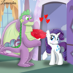 Size: 1300x1300 | Tagged: safe, artist:mlplary6, imported from derpibooru, rarity, spike, dragon, pony, unicorn, blushing, bouquet, bouquet of flowers, female, flower, heart, looking at each other, looking at someone, love, male, mare, older, older spike, shipping, smiling, sparity, straight