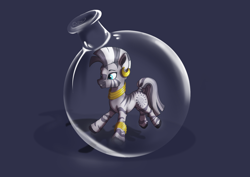 Size: 3034x2145 | Tagged: safe, artist:delfinaluther, imported from derpibooru, zecora, earth pony, zebra, black and white, blue background, blue eyes, bottle, ear fluff, female, grayscale, indoors, jewelry, monochrome, object, pony in a bottle, potion, simple background, stuck, worried, worried smile