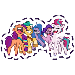 Size: 512x512 | Tagged: safe, imported from derpibooru, hitch trailblazer, izzy moonbow, pipp petals, sunny starscout, zipp storm, earth pony, pegasus, pony, unicorn, bag, coat markings, eyes closed, female, g5, gameloft, grin, group, headband, jewelry, laughing, male, mane five (g5), mare, my little pony: mane merge, nose in the air, official, open mouth, open smile, quintet, regalia, royal sisters (g5), saddle bag, siblings, simple background, sisters, slim, smiling, socks (coat markings), stallion, sticker, transparent background, unshorn fetlocks, volumetric mouth