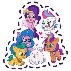 Size: 512x512 | Tagged: safe, imported from derpibooru, hitch trailblazer, izzy moonbow, pipp petals, sunny starscout, zipp storm, dog, earth pony, pegasus, pomeranian, pony, unicorn, baby, baby pony, blushing, cloudpuff, coat markings, colt, colt hitch trailblazer, crossed arms, cute, filly, filly izzy moonbow, filly pipp petals, filly sunny starscout, filly zipp storm, flying, flying pomeranian, foal, g5, gameloft, grin, group, headband, heart, heart eyes, jewelry, looking at someone, mane five (g5), my little pony: mane merge, official, open mouth, open smile, petting, puppy, puppy cloudpuff, regalia, royal sisters (g5), sash, sextet, siblings, simple background, sisters, smiling, socks (coat markings), spread wings, squishy cheeks, sticker, tooth, transparent background, unshorn fetlocks, wingding eyes, winged dog, wings, younger