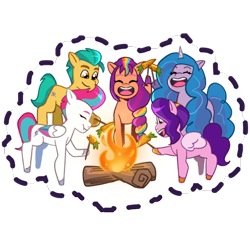 Size: 512x512 | Tagged: safe, imported from derpibooru, hitch trailblazer, izzy moonbow, pipp petals, sunny starscout, zipp storm, earth pony, pegasus, pony, unicorn, spoiler:g5, spoiler:my little pony: tell your tale, spoiler:tyts01e10, campfire, carrot on a stick, eating, eyes closed, female, g5, gameloft, group, headband, herbivore, hoof hold, jewelry, male, mane five (g5), mare, my little pony: mane merge, my little pony: tell your tale, official, open mouth, open smile, quintet, regalia, royal sisters (g5), siblings, simple background, sisters, smiling, stallion, sticker, sunny-day dinners, transparent background, unshorn fetlocks
