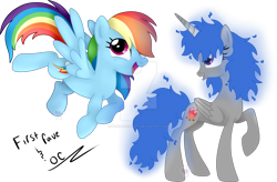Size: 1600x1048 | Tagged: safe, artist:pure-blue-heart, imported from derpibooru, rainbow dash, oc, oc:blue flame, alicorn, pegasus, alicorn oc, blue hair, deviantart watermark, female, fire hair, flying, horn, mare, multicolored hair, obtrusive watermark, open mouth, purple eyes, rainbow hair, raised hoof, simple background, slim, transparent background, watermark, wings