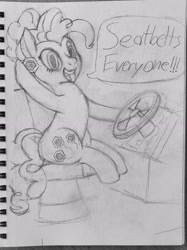 Size: 1800x2408 | Tagged: safe, artist:malixcrash, artist:megabyte1835, imported from derpibooru, pinkie pie, earth pony, pony, driving, looking at you, magic school bus, ms. frizzle, older, older pinkie pie, simple background, solo, traditional art