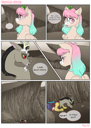 Size: 1988x2800 | Tagged: safe, artist:dozyarts, imported from derpibooru, discord, oc, oc:dozy, draconequus, pegasus, pony, comic:dozy, ..., blushing, dialogue, female, gasp, mare, simple background, solo, speech bubble, white background, younger