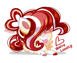 Size: 1280x1051 | Tagged: safe, artist:conflei, imported from derpibooru, oc, oc only, pegasus, pony, :p, chibi, colored hooves, eyelashes, eyes closed, female, heart, lying down, mare, pegasus oc, prone, simple background, solo, tongue out, transparent background, wings
