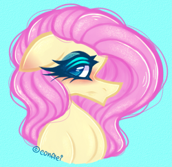 Size: 1137x1106 | Tagged: safe, artist:conflei, imported from derpibooru, fluttershy, pegasus, pony, blue background, blushing, bust, eyelashes, female, frown, makeup, mare, simple background, solo
