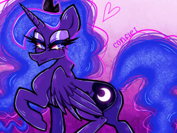 Size: 1280x960 | Tagged: safe, artist:conflei, imported from derpibooru, princess luna, alicorn, pony, bedroom eyes, eyelashes, female, gradient background, makeup, mare, raised hoof, solo