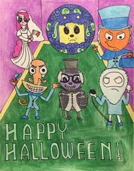 Size: 1024x1307 | Tagged: safe, artist:captainlazloparadox, imported from derpibooru, pinkie pie, camp lazlo, chalkzone, clothes, constance hatchaway, cosplay, costume, crossover, halloween, hatbox ghost, holiday, lazlo, madame leota, snap (chalkzone), the hitchhiking ghosts, traditional art, walden, wander (wander over yonder), wander over yonder, wow! wow! wubbzy!, wubbzy