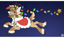 Size: 1598x952 | Tagged: safe, artist:greenarsonist, imported from derpibooru, oc, oc only, oc:olive (reindeer), deer, christmas, christmas lights, clothes, coat, cute, deer oc, female, flying, grin, holiday, markings, mouth hold, multicolored hair, night, non-pony oc, reindeer oc, secret santa, smiling, solo, stars, unshorn fetlocks