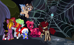 Size: 3000x1848 | Tagged: safe, artist:ayamiiii, imported from derpibooru, oc, oc only, oc:azula, oc:cloud drift, oc:hidden gems, oc:venus red heart, alicorn, bat pony, bat pony alicorn, dragon, pegasus, pony, spider, unicorn, icey-verse, alicorn oc, augmented, augmented tail, bat pony oc, bat wings, boots, cave, christmas, clothes, commission, dragon oc, ear piercing, earring, eyebrow piercing, female, flying, freckles, glasses, hat, holiday, horn, horn ring, jewelry, macro, male, mare, markings, necklace, non-pony oc, nose piercing, nose ring, offspring, open mouth, parent:daring do, parent:doctor caballeron, parents:daballeron, piercing, raised hoof, ring, santa hat, shoes, socks, spider web, tail, tattoo, unshorn fetlocks, wings, ych result