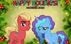 Size: 2064x1289 | Tagged: safe, artist:not-yet-a-brony, artist:orin331, imported from derpibooru, sprout cloverleaf, earth pony, unicorn, 2022, christmas, december, duo, friendship, g4, g5, g5 to g4, generation leap, happy holidays, hearth's warming, holiday, misty, my little pony: make your mark, smiling, youtube link in the description