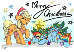 Size: 2047x1447 | Tagged: safe, artist:julunis14, imported from derpibooru, applejack, rainbow dash, earth pony, pegasus, pony, :p, alternate hairstyle, animated, appledash, apron, chest fluff, christmas, christmas lights, christmas ornament, christmas tree, clothes, cute, decoration, digital, ear fluff, female, freckle, freckles, gif, hat, holiday, laughing, leg fluff, lesbian, lights, merry christmas, no sound, santa hat, shipping, signature, silly, stars, text, tongue out, tree, webm