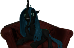 Size: 3299x2147 | Tagged: source needed, safe, artist:xafilah, imported from derpibooru, queen chrysalis, changeling, 3d, couch, female, gmod, looking at you, simple background, smiling, smiling at you, solo, source filmmaker, transparent background